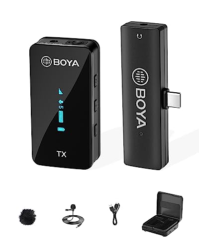 BOYA BY-XM6-K5 Wireless Lavalier Microphone for Android/Laptop with Charging Case & Mono/Stero,OLED Diplay Wireless USB-C Microphone for Vlogging,YouTube,Tiktok Live Stream, Video Recording