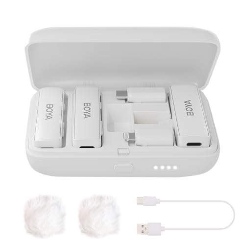 BOYA BOYALINK-W Wireless Lavalier Microphone for iPhone/Android/Camera Vlogging, All-in-One Lapel Dual Mic System & Lightning & USB-C Inputs & Battery Case for Smartphones/DSLR YouTube Facebook Live
