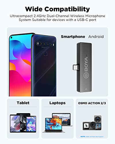 BOYA BY-XM6-K5 Wireless Lavalier Microphone for Android/Laptop with Charging Case & Mono/Stero,OLED Diplay Wireless USB-C Microphone for Vlogging,YouTube,Tiktok Live Stream, Video Recording