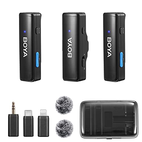 BOYA BOYALINK Wireless Lavalier Microphone for iPhone Android Camera Vlogging, All-in-One Lapel Dual Mic System & Lightning & USB-C Inputs & Battery Case for Smartphones DSLR YouTube Facebook Live