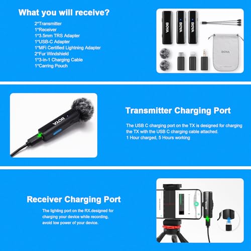 BOYA BOYALINK A2 Wireless Lavalier Microphone for iPhone/Android/Camera Vlogging, All-in-One Lapel Dual Mic System & Lightning & USB-C Inputs for Smartphones/DSLR YouTube Facebook Live