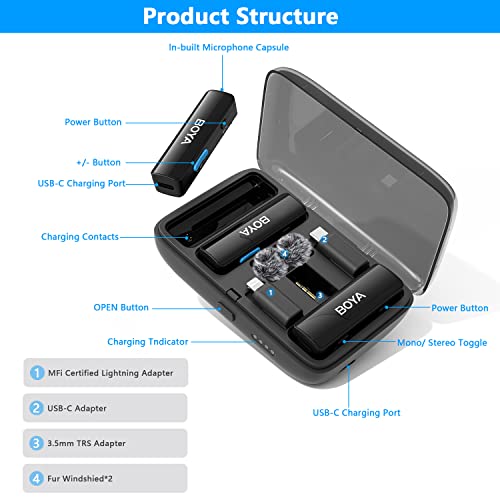BOYA BOYALINK Wireless Lavalier Microphone for iPhone Android Camera Vlogging, All-in-One Lapel Dual Mic System & Lightning & USB-C Inputs & Battery Case for Smartphones DSLR YouTube Facebook Live
