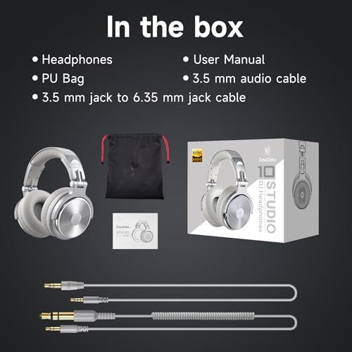 OneOdio Wired Over Ear Headphones Studio Monitor & Mixing DJ Stereo Headsets with 50mm Neodymium Drivers and 1/4 to 3.5mm Jack for AMP Computer Recording Podcast Keyboard Guitar Laptop - Silver