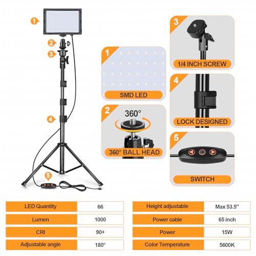 EMART Led Photography Lighting Kit, 2 Pcs Dimmable Continuous Portable Studio Lights with 54 inch Adjustable Tripod Stand for Lighting for Video Recording, Photoshoot, YouTube, Game Streaming