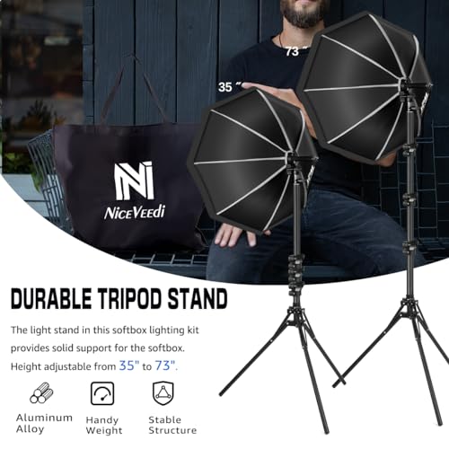 Softbox Photography Lighting Kit, NiceVeedi 20" Softbox Lighting Kit with 5400K 650W Equivalen LED Bulbs & 63" Tripod Stand, Studio Light Kit for Photography Portraits Advertise Shooting, Video Record