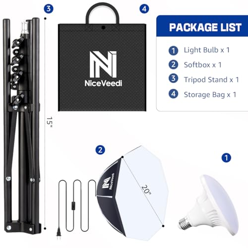 Softbox Photography Lighting Kit, NiceVeedi 20" Softbox Lighting Kit with 5400K 650W Equivalen LED Bulbs & 63" Tripod Stand, Studio Light Kit for Photography Portraits Advertise Shooting, Video Record