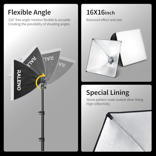 RALENO Softbox Lighting Kit, 16'' x 16'' Photography Lighting for TikTok with LED Bulb (50W | 5500K | 97 CRI | TLCI≥97), Continuous Lighting for Video Recording & Photography Shooting | Model: PS075
