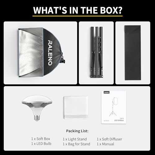 RALENO Softbox Lighting Kit, 16'' x 16'' Photography Lighting for TikTok with LED Bulb (50W | 5500K | 97 CRI | TLCI≥97), Continuous Lighting for Video Recording & Photography Shooting | Model: PS075