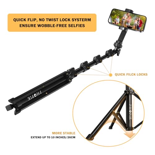 PHOPIK Phone Tripod Stand : Selfie Stick Extendable Camera & Cell Phone Tripod Stand for iPhone & Android Phone, Heavy Duty Aluminum, Lightweight