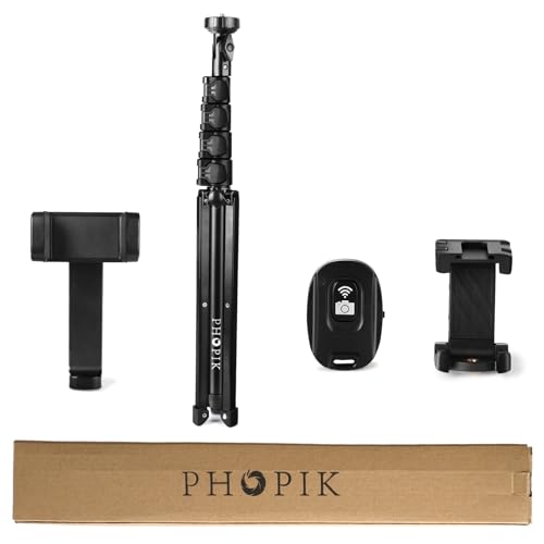 PHOPIK Phone Tripod Stand : Selfie Stick Extendable Camera & Cell Phone Tripod Stand for iPhone & Android Phone, Heavy Duty Aluminum, Lightweight