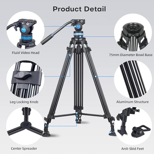 SIRUI AM-25S Video Tripod, 74.8" Professional Heavy Duty Tripod with Adjustable Damping Fluid Head for Camcorder, Cameras, DSLR, 360° Pan & +90°/-75° Tilt, Quick Release Plate, Max Load 22.0lb