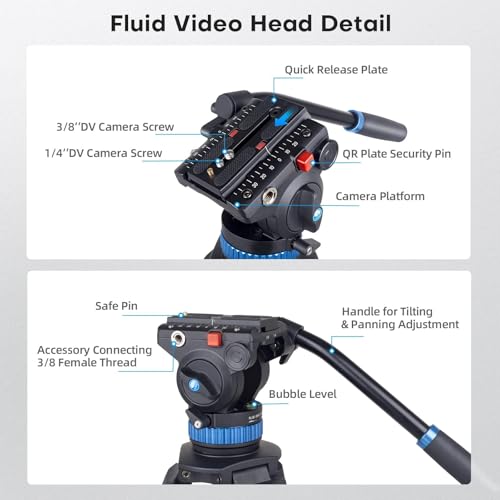 SIRUI AM-25S Video Tripod, 74.8" Professional Heavy Duty Tripod with Adjustable Damping Fluid Head for Camcorder, Cameras, DSLR, 360° Pan & +90°/-75° Tilt, Quick Release Plate, Max Load 22.0lb
