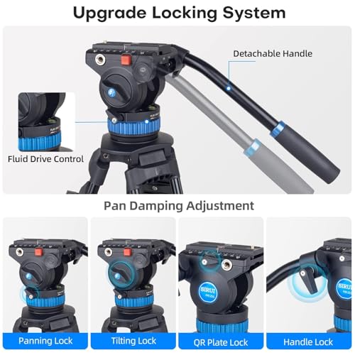 SIRUI AM-25S Video Tripod, 74.8" Professional Heavy Duty Tripod with Adjustable Damping Fluid Head for Camcorder, Cameras, DSLR, 360° Pan & +90°/-75° Tilt, Quick Release Plate, Max Load 22.0lb