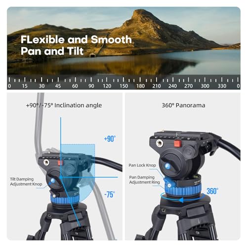 SIRUI AM-25S Video Tripod, 74.8" Professional Heavy Duty Tripod with Adjustable Damping Fluid Head for Camcorder, Cameras, DSLR, 360° Pan & +90°/-75° Tilt, Quick Release Plate, Max Load 22.0lb
