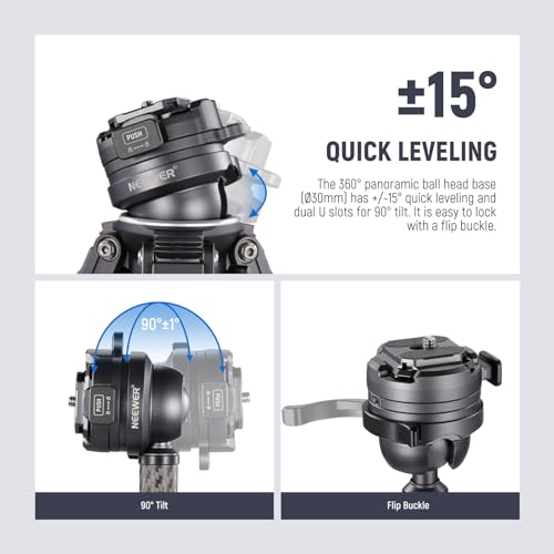 NEEWER LITETRIP LT32 62" Travel Tripod Carbon Fiber with ±15° Leveling 360° Panorama Head, Detachable Center Axis, Fast Flip Buckle, Arca QR Plate Compatible with Peak Design Capture V3, (Former TP62)