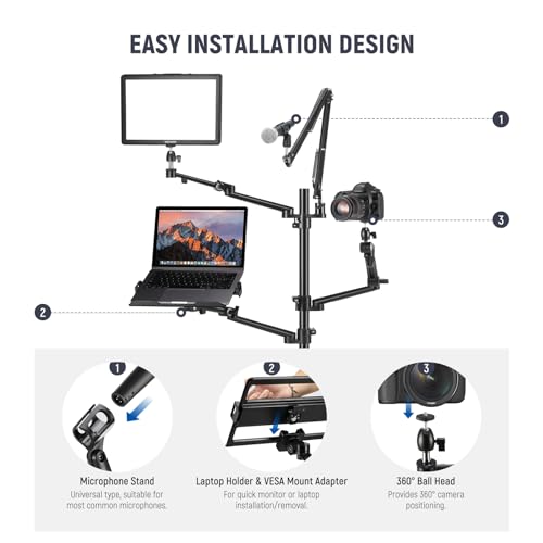 NEEWER Live Streaming Stand with Casters, Overhead Camera Mount Floor Stand with Mic Boom Arm, Phone/Tablet/Laptop Holder, Tray, All in One Mobile Webcam Stand for Video Live Broadcast Podcast, DS010