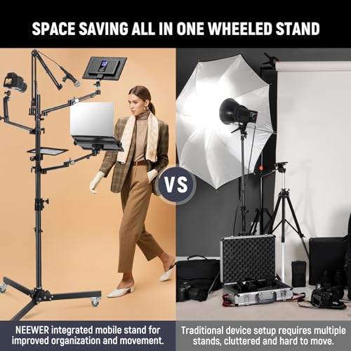 NEEWER Live Streaming Stand with Casters, Overhead Camera Mount Floor Stand with Mic Boom Arm, Phone/Tablet/Laptop Holder, Tray, All in One Mobile Webcam Stand for Video Live Broadcast Podcast, DS010