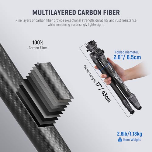 NEEWER LITETRIP LT32 62" Travel Tripod Carbon Fiber with ±15° Leveling 360° Panorama Head, Detachable Center Axis, Fast Flip Buckle, Arca QR Plate Compatible with Peak Design Capture V3, (Former TP62)