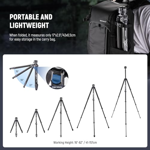 NEEWER LITETRIP LT32 62" Travel Tripod Carbon Fiber with ±15° Leveling 360° Panorama Head, Detachable Center Axis, Fast Flip Buckle, Arca QR Plate Compatible with Peak Design Capture V3, (Former TP62)