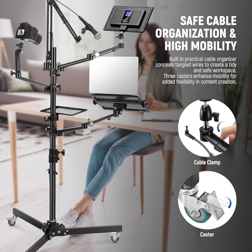 NEEWER Live Streaming Stand with Casters, Overhead Camera Mount Floor Stand with Mic Boom Arm, Phone/Tablet/Laptop Holder, Tray, All in One Mobile Webcam Stand for Video Live Broadcast Podcast, DS010