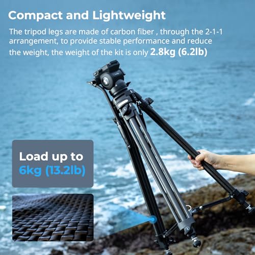 SmallRig AD-50 Heavy Duty Tripod, Carbon Fiber Video Tripod, 64"Lightweight Travel Tripod with Step-Less Damping Fluid Head, Detachable Handle, Lift Rope, Load up to 13.2lb for Camcorder, Cameras-4685
