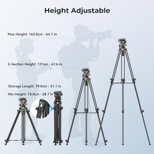 SmallRig AD-50 Heavy Duty Tripod, Carbon Fiber Video Tripod, 64"Lightweight Travel Tripod with Step-Less Damping Fluid Head, Detachable Handle, Lift Rope, Load up to 13.2lb for Camcorder, Cameras-4685