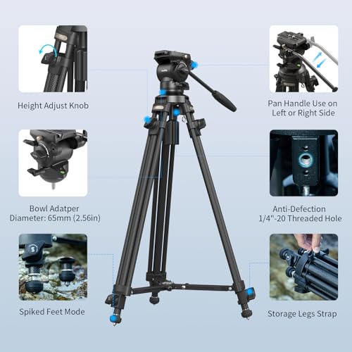 SmallRig AD-50 Heavy Duty Tripod, Carbon Fiber Video Tripod, 64"Lightweight Travel Tripod with Step-Less Damping Fluid Head, Detachable Handle, Lift Rope, Load up to 13.2lb for Camcorder, Cameras-4685