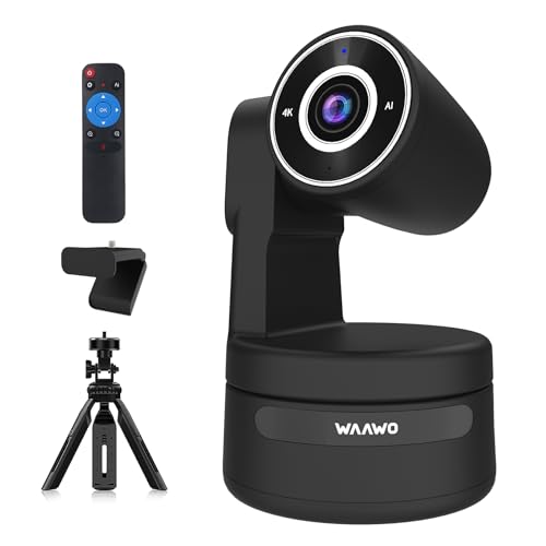 WAAWO PTZ 4K UHD Webcam, Multi Person Auto Framing, Control PTZ Through Remote Control, Privacy Protection, 1080p 60fps, Plug and Play, USB Webcam with Tripod