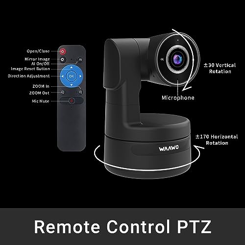 WAAWO PTZ 4K UHD Webcam, Multi Person Auto Framing, Control PTZ Through Remote Control, Privacy Protection, 1080p 60fps, Plug and Play, USB Webcam with Tripod