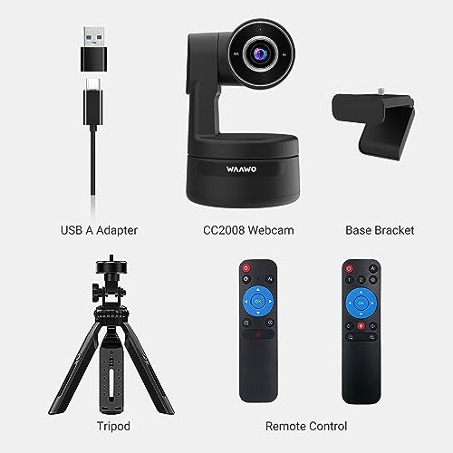 WAAWO PTZ 4K UHD Webcam, Multi Person Auto Framing, Control PTZ Through Remote Control, Privacy Protection, 1080p 60fps, Plug and Play, USB Webcam with Tripod