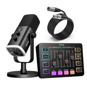 FIFINE Gaming Microphone and RGB Mixer Set