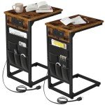 C Shaped End Tables with Charging Station - Brown