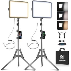 2-Pack LED Video Light Kit, NiceVeedi Studio Light, 2800-6500K Dimmable Photography Lighting Kit with Tripod Stand&Phone Holder, 73" Stream Light for Video Recording, Game Streaming, YouTube…