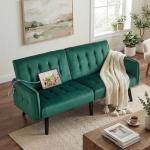 Green Velvet Convertible Futon Sofa Bed with USB Ports
