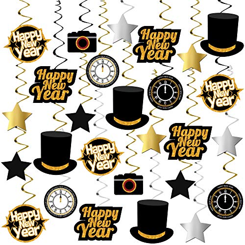 Black and Gold New Year Hanging Swirls - 30 Pack