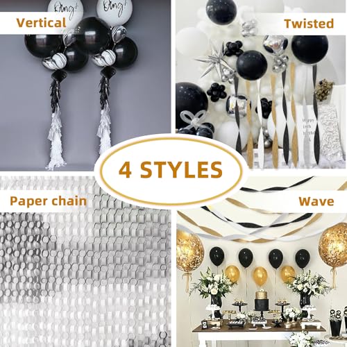 Elegant Crepe Paper Streamers in Silver, Black, Gold