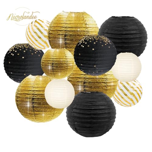 Black and Gold Metallic Foil Lanterns - 12PCS