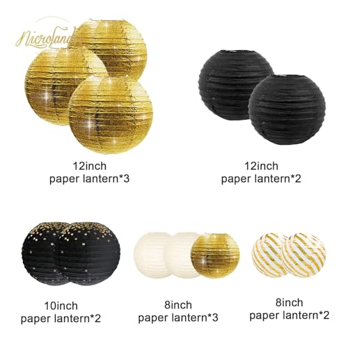 Black and Gold Metallic Foil Lanterns - 12PCS