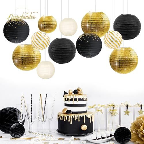 Black and Gold Metallic Foil Lanterns - 12PCS
