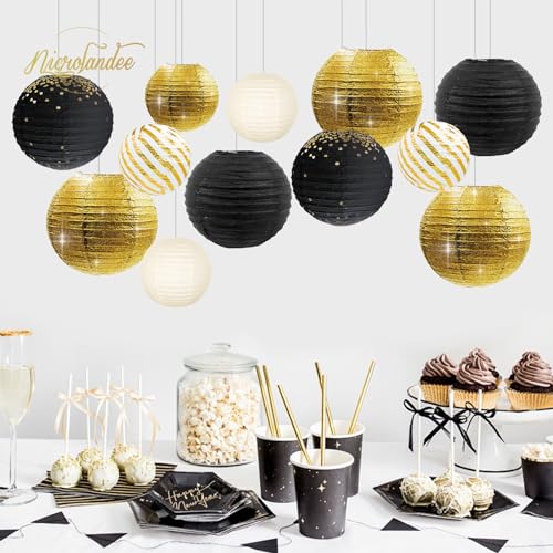 Black and Gold Metallic Foil Lanterns - 12PCS