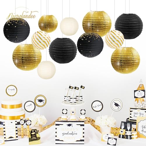 Black and Gold Metallic Foil Lanterns - 12PCS