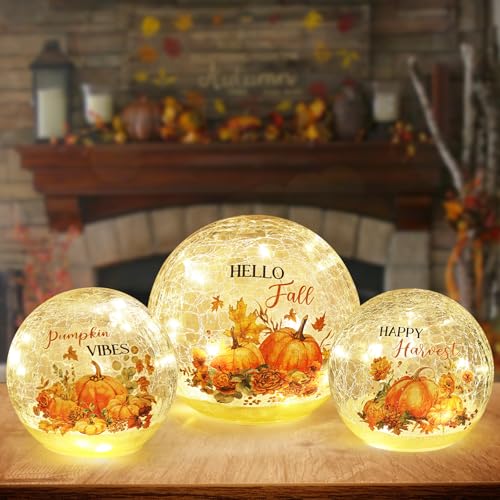 Autumn LED Crackle Glass Ball Decor Set