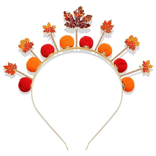 Autumn Pom Pom Headband with Maple Leaves