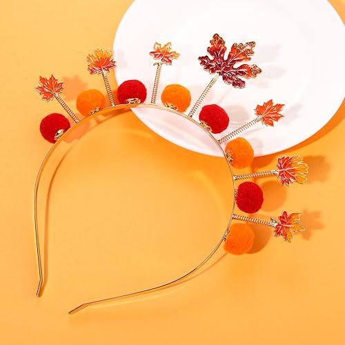 Autumn Pom Pom Headband with Maple Leaves