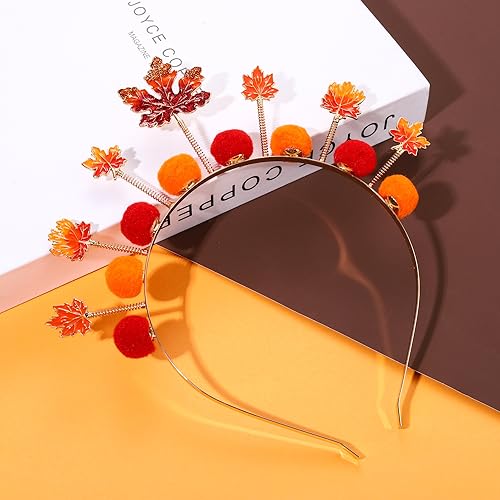 Autumn Pom Pom Headband with Maple Leaves