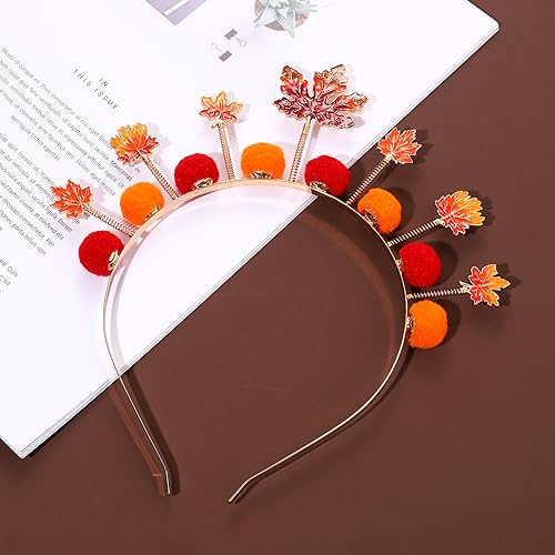 Autumn Pom Pom Headband with Maple Leaves