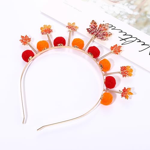 Autumn Pom Pom Headband with Maple Leaves