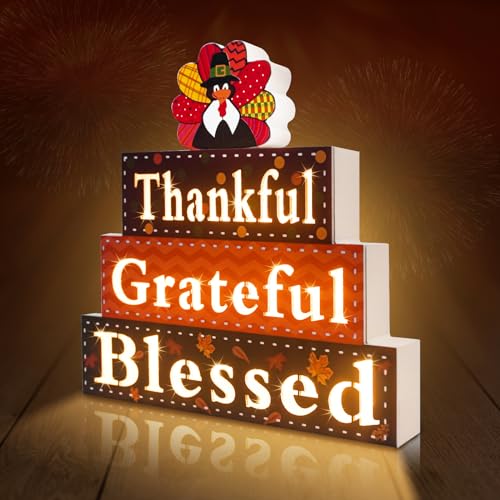 Lighted Thanksgiving Wooden Block Sign Decor