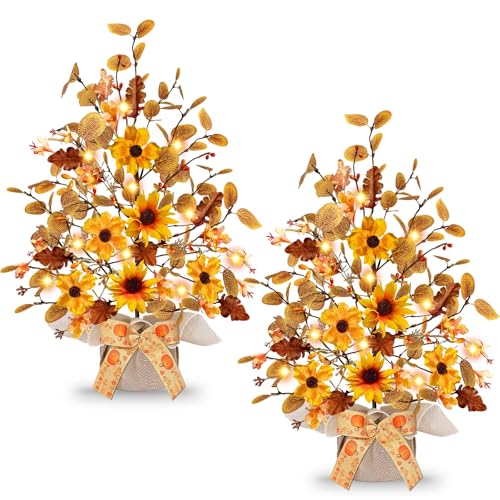 2 Pack LED Fall Decor Trees with Burlap Bowknot