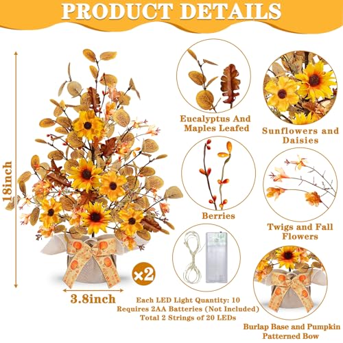 2 Pack LED Fall Decor Trees with Burlap Bowknot